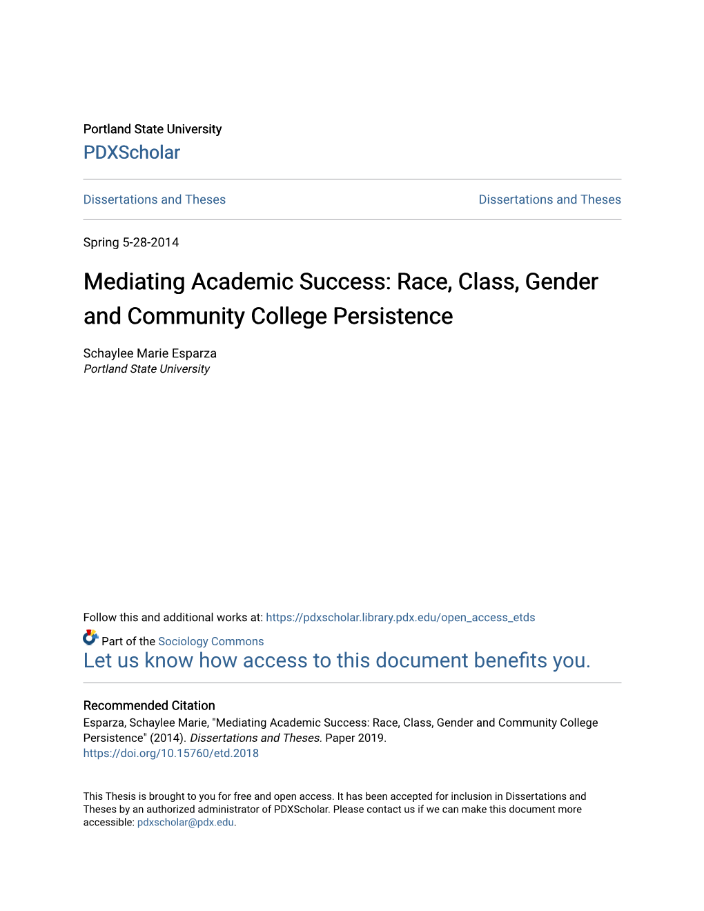 Race, Class, Gender and Community College Persistence