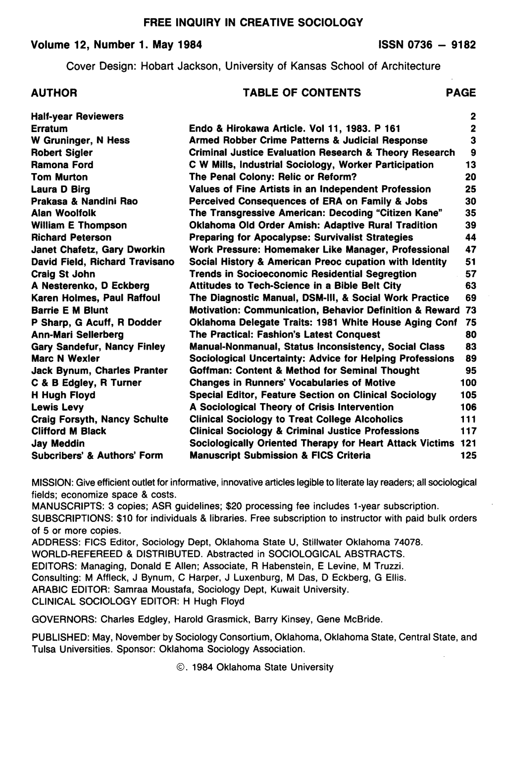 FREE INQUIRY in CREATIVE SOCIOLOGY Volume 12, Number 1. May 1984 ISSN 0736