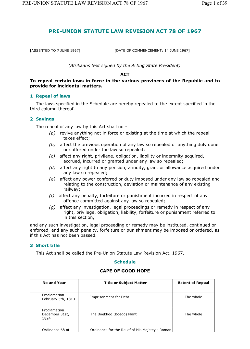 PRE-UNION STATUTE LAW REVISION ACT 78 of 1967 Page 1 of 39