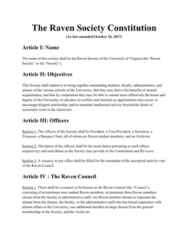The Raven Society Constitution (As Last Amended October 24, 2017)