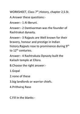 WORKSHEET, Class 7Th,History, Chapter 2,S.St. A.Answer These Questions:- Answer:- 1 Al-Beruni
