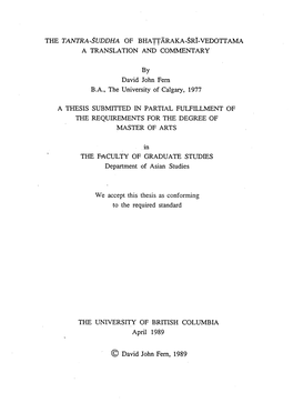 The Tantra -$Uddha of Bhattaraka-Sri-Vedottama a Translation and Commentary