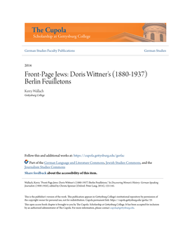 Front-Page Jews: Doris Wittner's (1880-1937) Berlin Feuilletons Kerry Wallach Gettysburg College