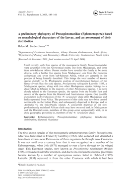 A Preliminary Phylogeny of Prosopistomatidae (Ephemeroptera) Based on Morphological Characters of the Larvae, and an Assessment of Their Distribution Helen M