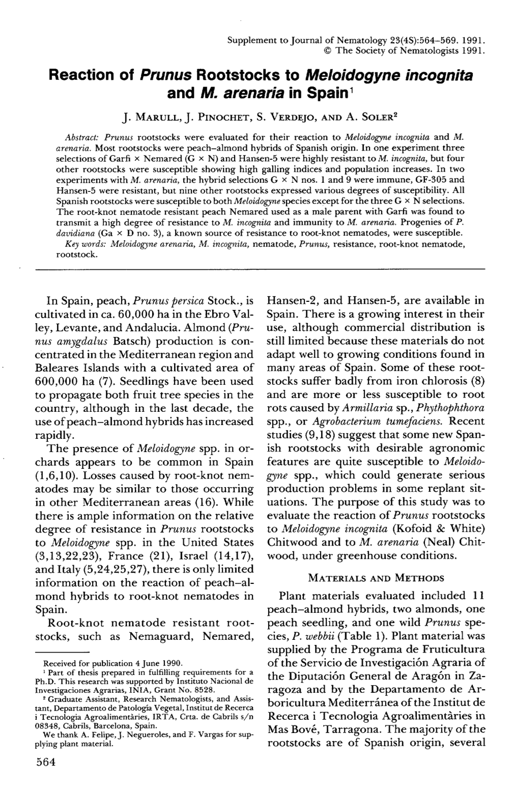 Reaction of Prunus Rootstocks to Meloidogyne Incognita and M