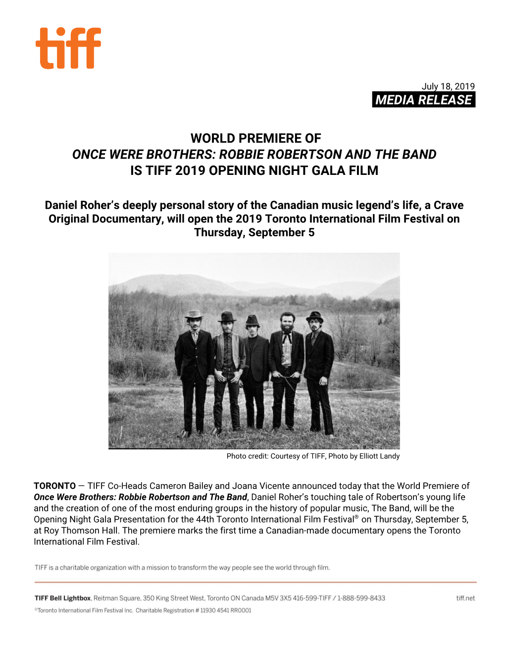 Robbie Robertson and the Band Is Tiff 2019 Opening Night Gala Film