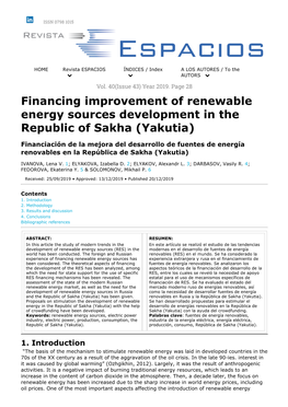 Financing Improvement of Renewable Energy Sources Development in the Republic of Sakha (Yakutia)