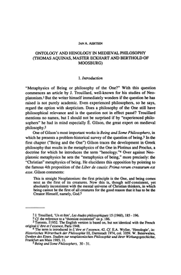Ontology and Henology in Medieval Philosophy (Thomas Aquinas, Master Eckhart and Berthold of Moosburg)