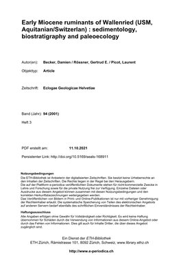 Early Miocene Ruminants of Wallenried (USM, Aquitanian/Switzerlan) : Sedimentology, Biostratigraphy and Paleoecology