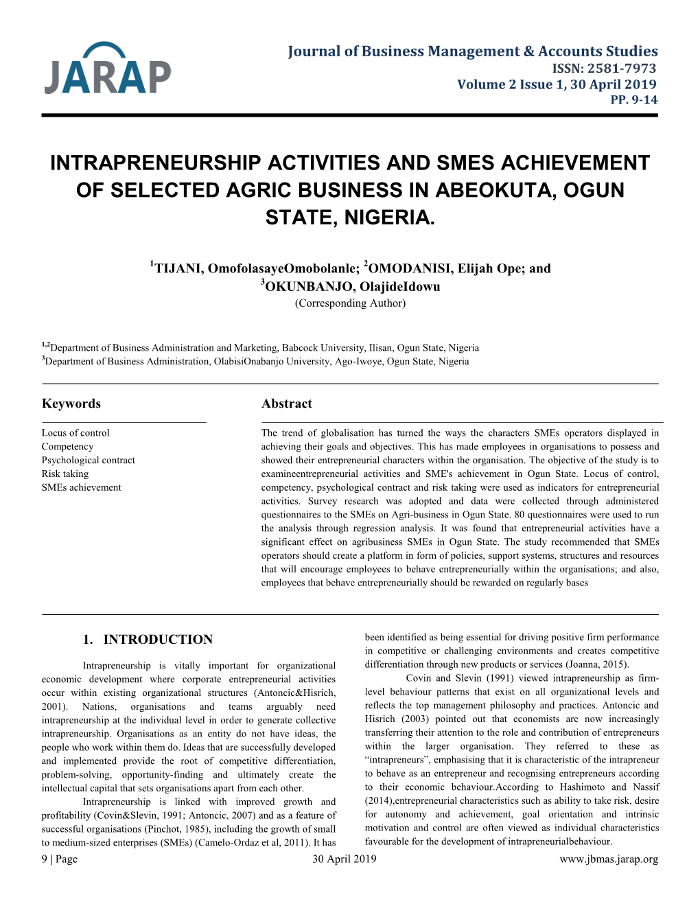 Intrapreneurship Activities and Smes Achievement of Selected Agric Business in Abeokuta, Ogun State, Nigeria