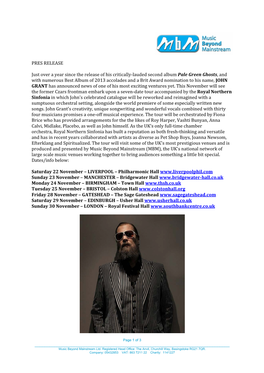 John Grant and Northern Sinfonia Tour Press Release