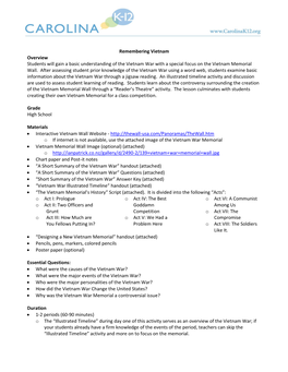 Remembering Vietnam Overview Students Will Gain a Basic Understanding of the Vietnam War with a Special Focus on the Vietnam Memorial Wall