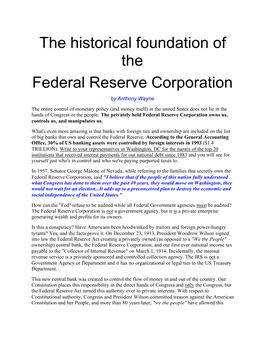 The Historical Foundation of the Federal Reserve Corporation