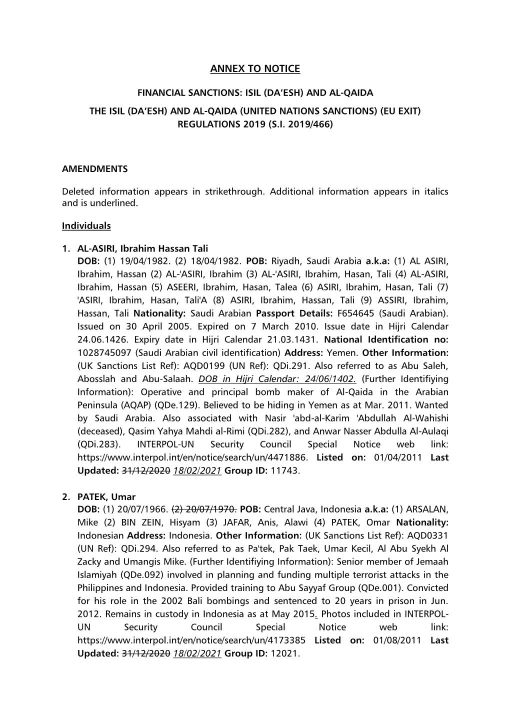 Annex to Financial Sanctions: ISIL (Da'esh) and Al-Qaida 19.02.21