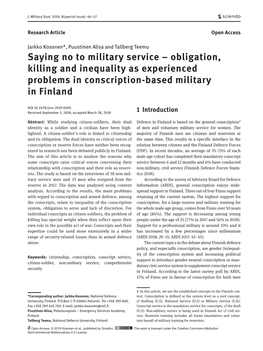 Saying No to Military Service – Obligation, Killing and Inequality As Experienced Problems in Conscription-Based Military in Finland