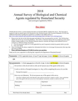 2018 Annual Survey of Biological and Chemical Agents Regulated by Homeland Security (And Carcinogens Regulated by OSHA)