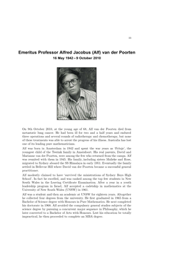 Emeritus Professor Alfred Jacobus (Alf) Van Der Poorten 16 May 1942 Œ 9 October 2010