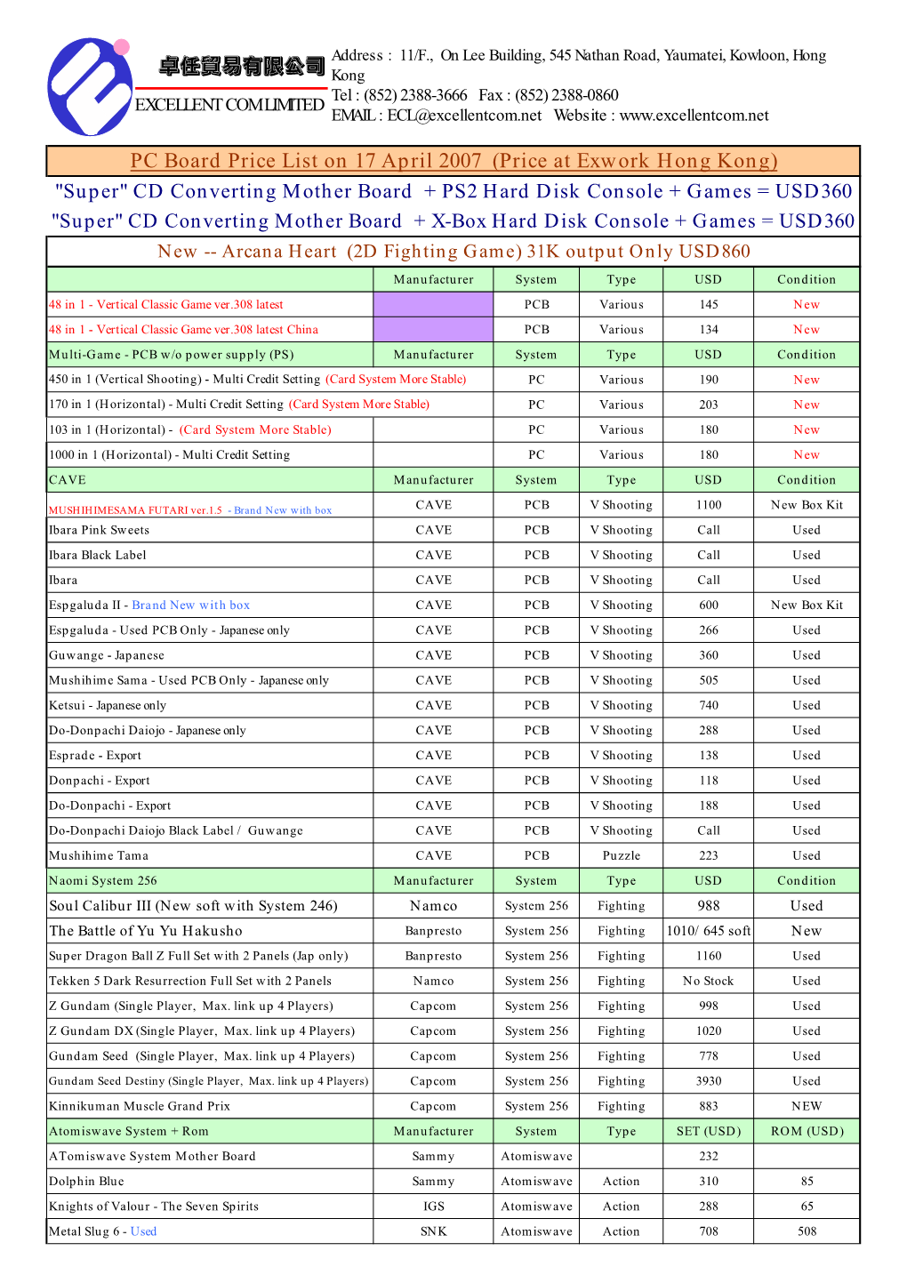 PC Board Price List on 17 April 2007 (Price at Exwork Hong Kong) 卓任