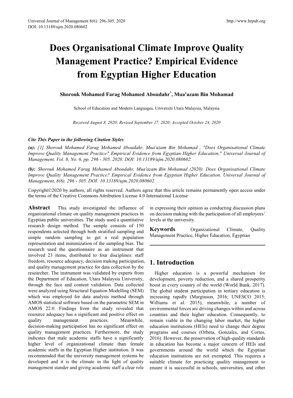 Does Organisational Climate Improve Quality Management Practice? Empirical Evidence from Egyptian Higher Education