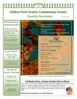 October 2019 Clifton Park Senior Community Center Newsletter