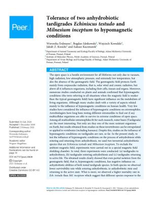 Tolerance of Two Anhydrobiotic Tardigrades Echiniscus Testudo and Milnesium Inceptum to Hypomagnetic Conditions