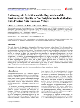 Anthropogenic Activities and the Degradation of the Environmental Quality in Poor Neighborhoods of Abidjan, Côte D’Ivoire: Abia Koumassi Village