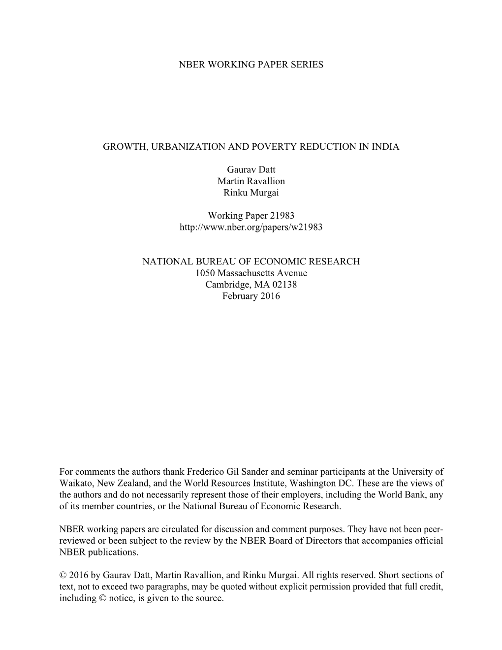 Nber Working Paper Series Growth, Urbanization And