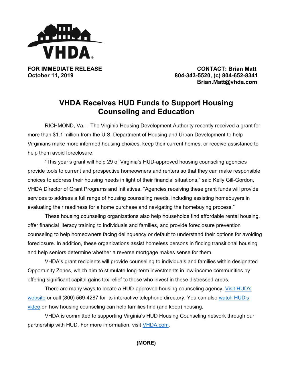 FOR IMMEDIATE RELEASE CONTACT: Brian Matt October 11, 2019 804-343-5520, (C) 804-652-8341 Brian.Matt@Vhda.Com