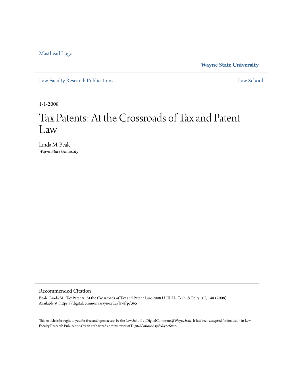 At the Crossroads of Tax and Patent Law Linda M