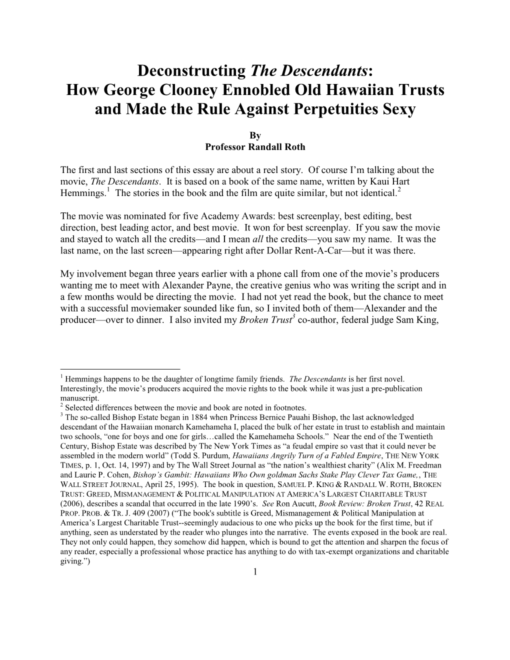 Deconstructing the Descendants: How George Clooney Ennobled Old Hawaiian Trusts and Made the Rule Against Perpetuities Sexy