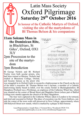 Oxford Pilgrimage Saturday 29Th October 2016
