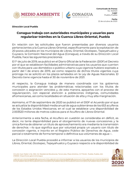 Conagua Trabaja Con Autoridades Municipales Y Usuarios Para Regularizar Trámites En La Cuenca Libres-Oriental, Puebla