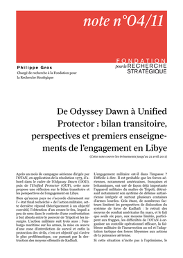 De Odyssey Dawn À Unified Protector: Bilan Transitoire, Perspectives Et Premiers Enseignements De L'engagement En Libye