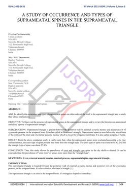 A Study of Occurrence and Types of Suprameatal Spines in the Suprameatal Triangle