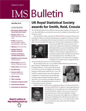 UK Royal Statistical Society Awards for Smith, Reid, Cressie