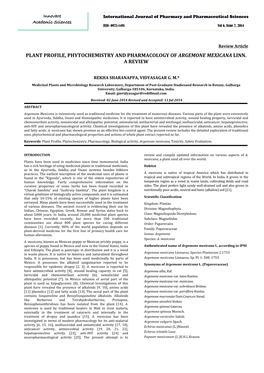 Plant Profile, Phytochemistry and Pharmacology of Argemone Mexicana Linn