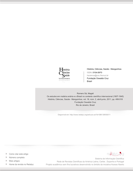 Os Estudos Em Malária Aviária E O Brasil No Contexto Científico Internacional (1907-1945) História, Ciências, Saúde - Manguinhos, Vol