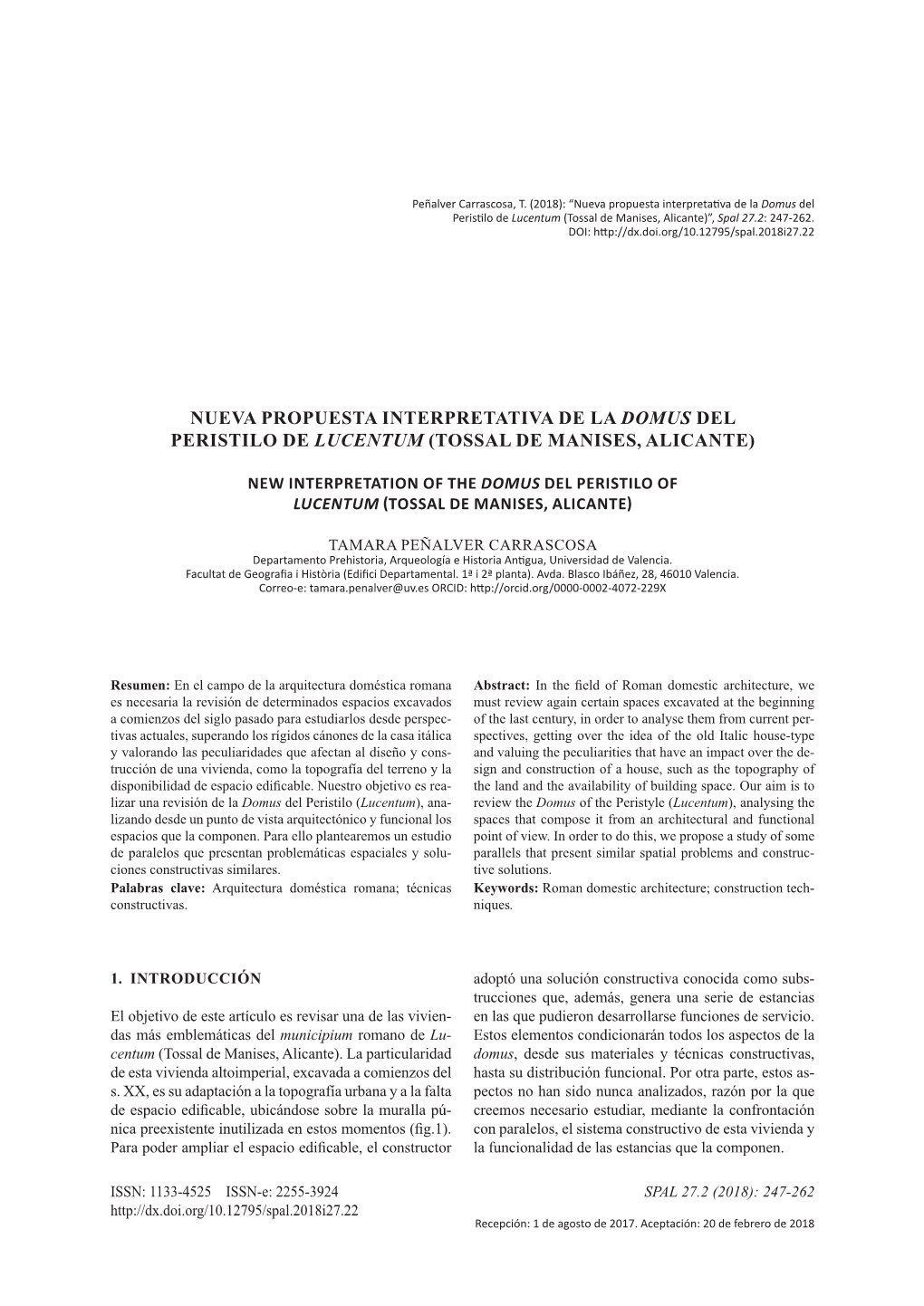 Nueva Propuesta Interpretativa De La Domus Del Peristilo De Lucentum (Tossal De Manises, Alicante)”, Spal 27.2: 247-262