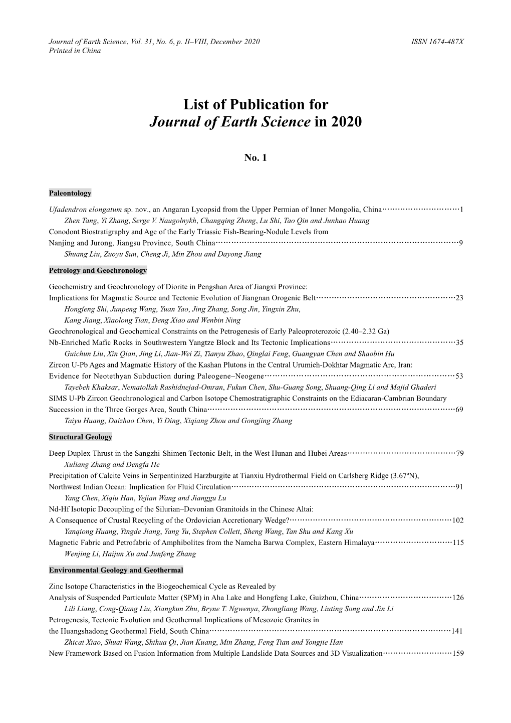 List of Publication for Journal of Earth Science in 2020