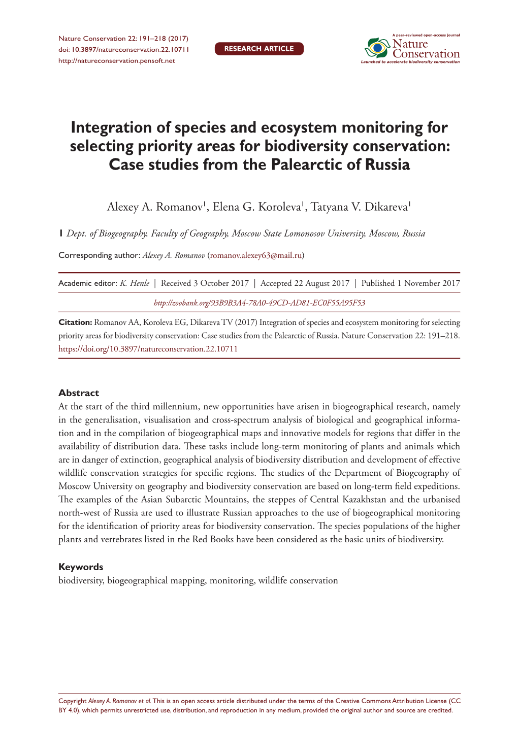 ﻿﻿﻿﻿﻿﻿Integration of Species and Ecosystem Monitoring for Selecting Priority