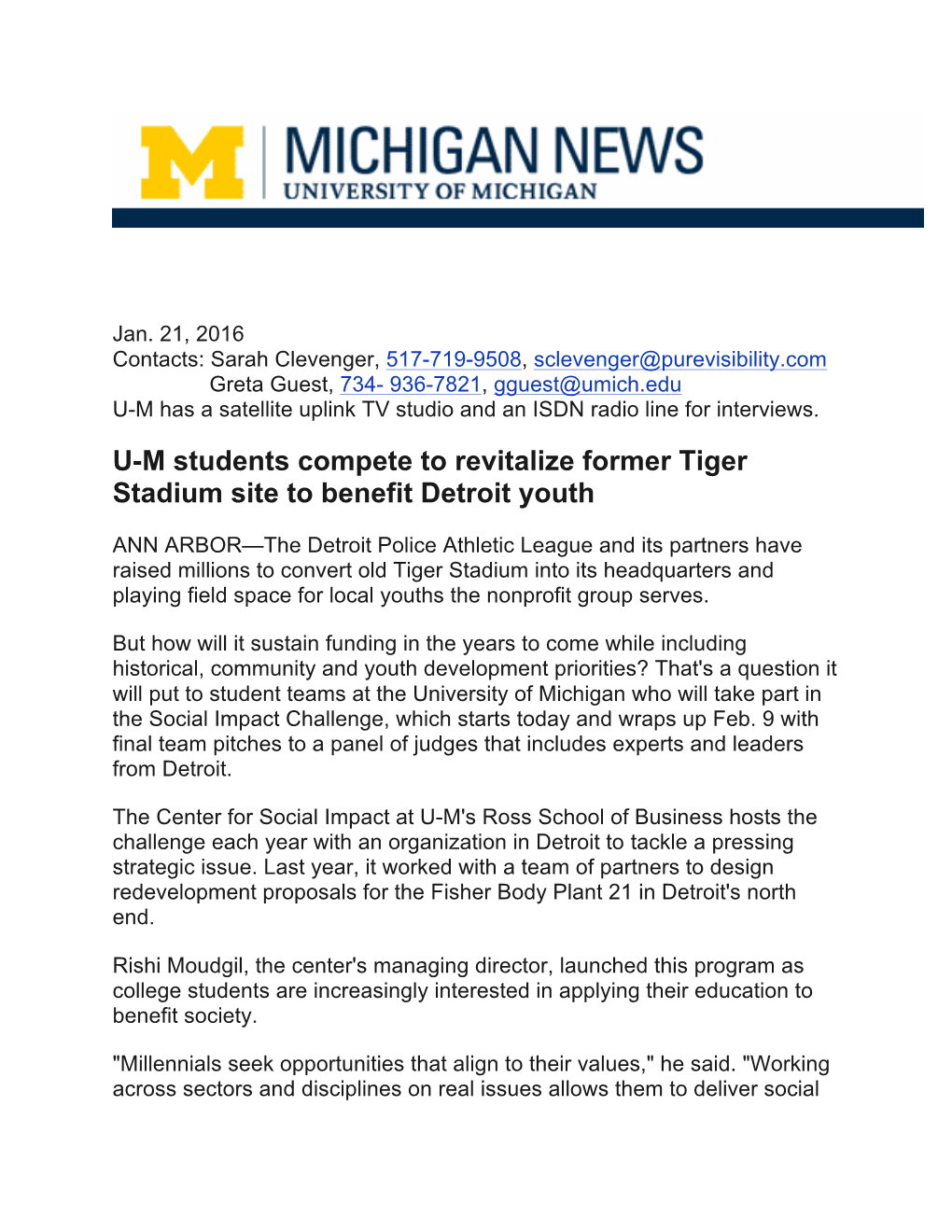 U-M Students Compete to Revitalize Former Tiger Stadium Site to Benefit Detroit Youth