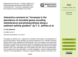 Interactive Comment on “Increases in the Abundance of Microbial Genes Encoding Halotolerance and Photosynthesis Along a Sediment Salinity Gradient” by T