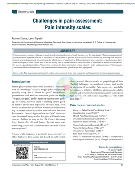 Challenges in Pain Assessment: Pain Intensity Scales