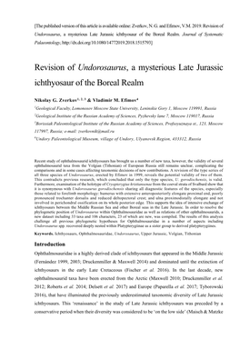 Revision of Undorosaurus, a Mysterious Late Jurassic Ichthyosaur of the Boreal Realm