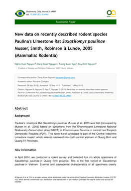 New Data on Recently Described Rodent Species Paulina's Limestone Rat Saxatilomys Paulinae Musser, Smith, Robinson & Lunde, 2005 (Mammalia: Rodentia)