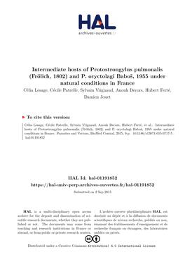 Intermediate Hosts of Protostrongylus Pulmonalis (Frölich, 1802) and P