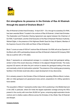Eni Strengthens Its Presence in the Emirate of Ras Al Khaimah Through the Award of Onshore Block 7