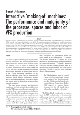 The Performance and Materiality of the Processes, Spaces and Labor of VFX Production