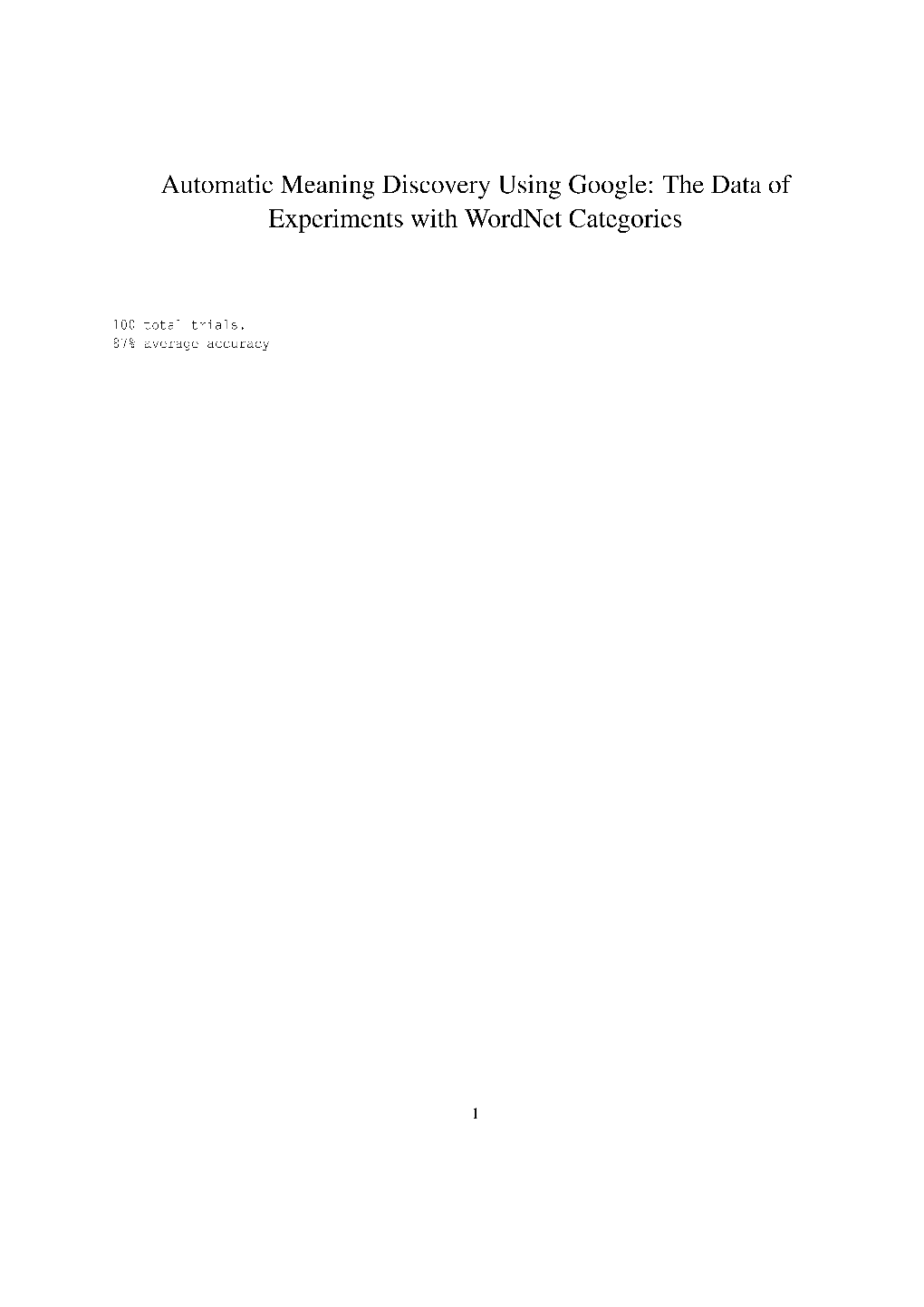 Automatic Meaning Discovery Using Google: the Data of Experiments with Wordnet Categories