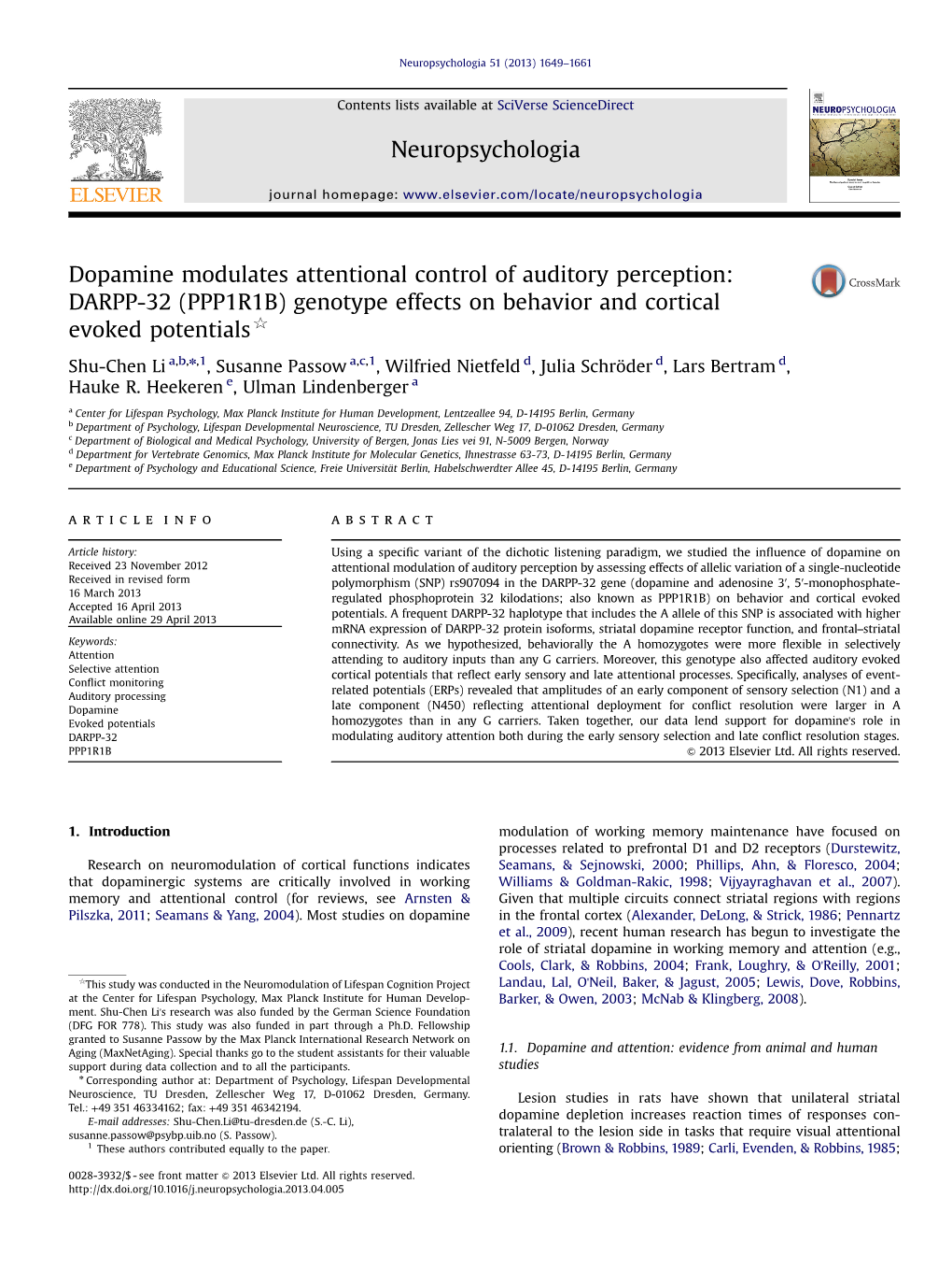 Dopamine Modulates Attentional Control of Auditory Perception DARPP-32 (PPP1R1B) Genotype Effects on Behavior and Cortical Evok